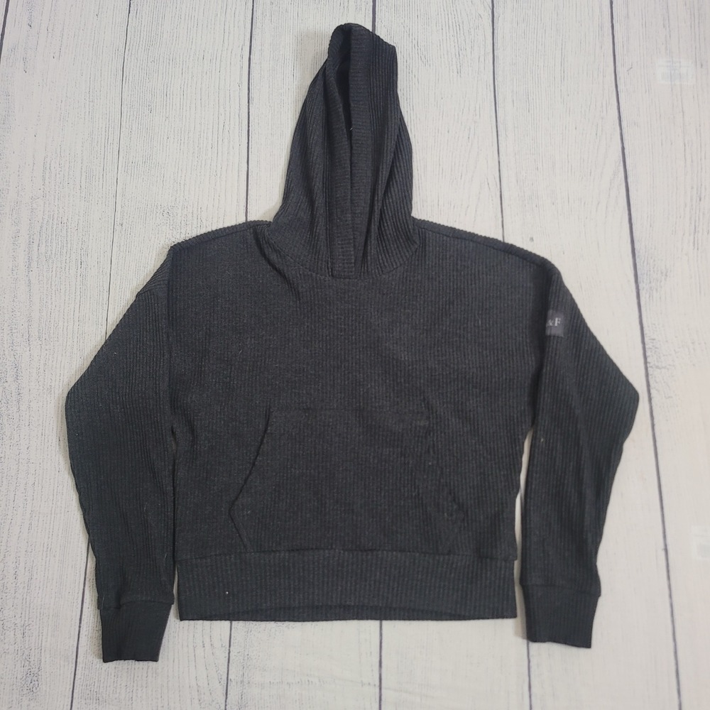 Abercrombie Kids 11/12 Ribbed Knit Hoodie Girls Dark Gray Relaxed Fit Pocket